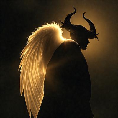 The primary subject of the image is a man wearing a horned costume, which appears to be a demon or a devil. He is standing in a dark room, possibly a dungeon or a cave, with a glowing light illuminating the area. The visual style of the image is a combination of photo and digital art, creating a dramatic and mysterious atmosphere. The colors in the image are predominantly dark, with the glowing light adding a sense of intensity and danger to the scene.